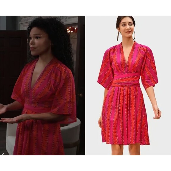WAYWARD FANCIES Eshakti Dress Womans *Medium Pink Plunge Linear Cotton READ - Picture 1 of 11